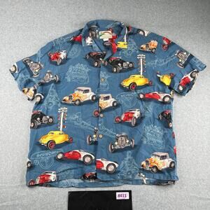 Paradise Found Shirt XL Blue Classic Car All Over Print Button Up Short Sleeve